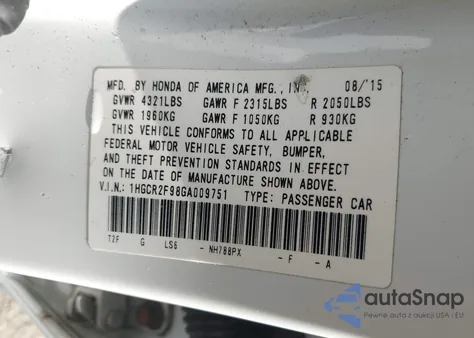 2016 Honda Accord Ex-L из США, поврежденный, VIN 1HGCR2F98GA009751